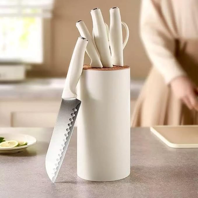 Small Knife Block Set, Modern Kitchen Knife Scissors with Universal Round Holder, Home Apartment New Kitchen Essentials, Space Saving, Dishwasher Safe(Black, 5PCS)