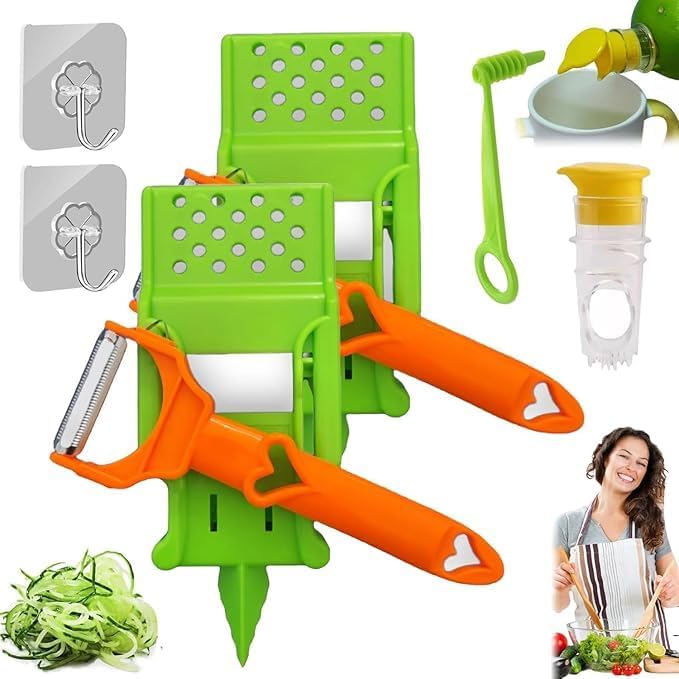 Pelador Multifuncional 2-En-1, Multi Cutter and Julienne Set with Grating Plate Great, 2025 Multifunctional Kitchenware Set with Grating Plate, Double-Edged for Easy Peeling (2 PCS)