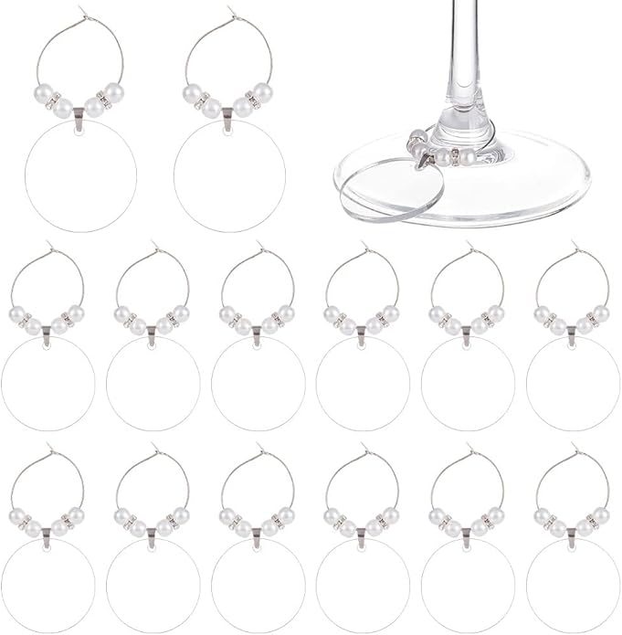 BENECREAT 20pcs Acrylic Blank Wine Glass Charms, Heart/Flat Round Charms for Birthday Holiday Wedding Party