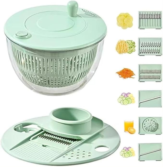 Salad Spinner Chopper Large with 5 Blades Slicer, Vegetables Fruits Wash Bowl, Lettuce Spinner and Dryer, Egg Yolk Strainer Slicer Shredder for Kitchen Colander, 5.3 Qt, Green