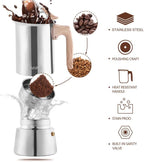 Sivaphe Stovetop Espresso Maker Stainless Steel 9 Cups, Induction-Capable Mocha Pot 450ml, Coffee Percolator with Replacement Silicone Gasket Steel Filter and Instructions (1 Cup=50ml)