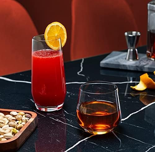 Le'raze Everyday Drinking Glasses Set of 8-4 Tall Highball Glass Cups & 4 Short Dof Drinking Glass, Kitchen Glasses for Cocktail, Iced Coffee, Beer, Ice Tea, Wine, Whiskey, Water, & Drinkware.