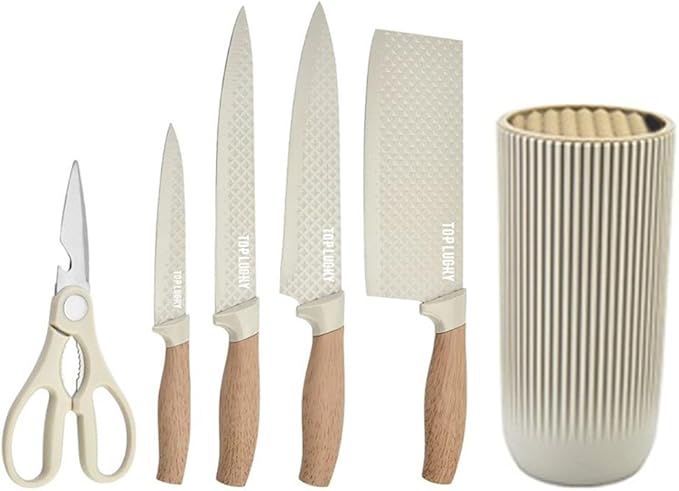 Knife Set, Wiztoynia 6-Piece Khaki Kitchen Knife Set for Home, Anti-Rust Non-stick Stainless Steel Sharp Chef Knife Sets with Universal Knife Block for Kitchen, Ergonomical Design (Khaki)