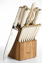 Martha Stewart Knife Block Set 16-Piece - Lockton High Carbon Stainless Steel Forged Full Tang Chef Knives, Acacia Wood Block, Triple Riveted Handles, Linen White & Gold