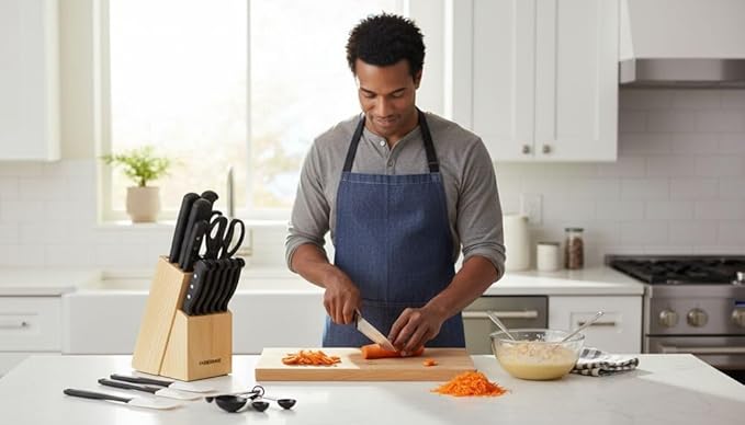 Farberware 22-Piece Never Needs Sharpening Triple Rivet High-Carbon Stainless Steel Knife Block and Kitchen Tool Set, Black, Durable AND Precision Cutlery