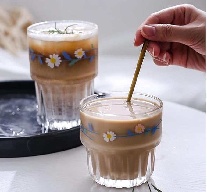Set of 2 Floral Drinking Glasses Flower Glass Coffee Cups Cute Daisy Glass Cups for Juice,Iced Coffee,Tea,Latte,Dessert,Milk,Stackable Glassware Drinkware Set ﻿(blue1)