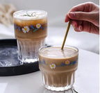 Set of 2 Floral Drinking Glasses Flower Glass Coffee Cups Cute Daisy Glass Cups for Juice,Iced Coffee,Tea,Latte,Dessert,Milk,Stackable Glassware Drinkware Set ﻿(blue1)