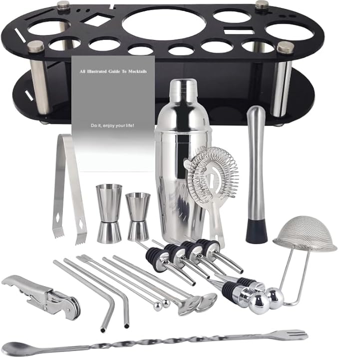 Cocktail Shaker Set, 24oz Cocktail Shaker 21-Piece Stainless Steel Bar Tools Bartending Kit with Black Acrylic Stand Cocktail Recipes Booklet for Drink Mixing, Home, Bar, Party (Stainless Steel)