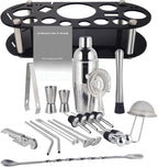 Cocktail Shaker Set, 24oz Cocktail Shaker 21-Piece Stainless Steel Bar Tools Bartending Kit with Black Acrylic Stand Cocktail Recipes Booklet for Drink Mixing, Home, Bar, Party (Stainless Steel)