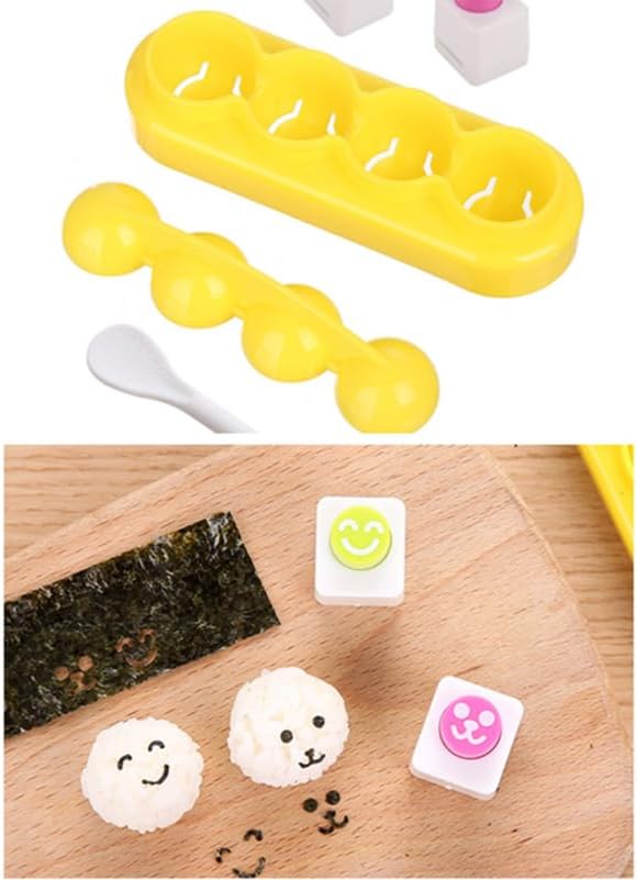 Cabilock Rice Ball Making Kit with Seaweed Embossing Mold and Spoon Kids Diy Sushi Mold Set Creative Rice Shaper for Lunch Boxes Non-Stick Kitchen Gadget