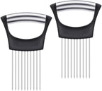 2Pcs onion slicer， Kitchen Prong Slicer for Vegetables and Meat, Stainless Steel Tines with Safety Handle, Black (2)