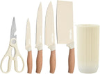 Knife Set, Wiztoynia 6-Piece Beige Kitchen Knife Set for Home, Anti-Rust Non-stick Stainless Steel Sharp Chef Knife Set with Universal Knife Block for Kitchen, Ergonomical Design (Beige)