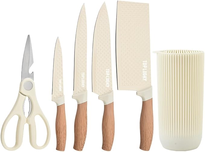 Knife Set, Wiztoynia 6-Piece Beige Kitchen Knife Set for Home, Anti-Rust Non-stick Stainless Steel Sharp Chef Knife Set with Universal Knife Block for Kitchen, Ergonomical Design (Beige)