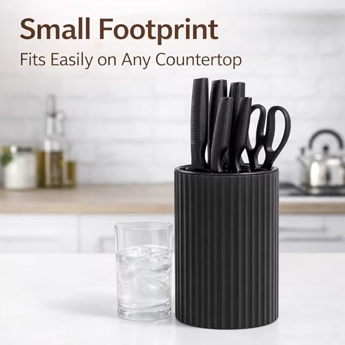 Small Knife Block Set, Modern Kitchen Knife Scissors with Universal Round Holder, Home Apartment New Kitchen Essentials, Space Saving, Dishwasher Safe(Black, 7PCS)