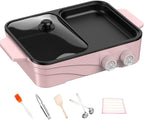 Electric Grill Indoor Hot Pot with Glass Lid & Removable Non-Stick Grill Plate,Separate Dual Temperature Contral, for 2-8 People Family Gathering Friend Meeting Party (pink)