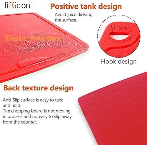 Liflicon Extra Large Thick Silicone Cutting Boards for Kitchen 14.6'' x 10.43'' Flexible Cutting Chopping Boards/Mats Non-slip Deep Drip Juice Groove, Dishwasher Safe-Red