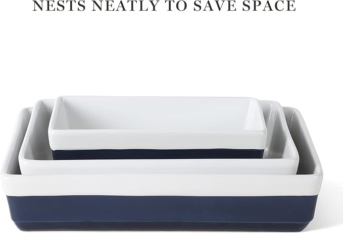 MARTHA STEWART 3-Piece Oven to Table Stoneware Bakeware Set – Baking Dish & Casserole Set – Cobalt Blue – Durable Oven-Safe Bakeware for Baking and Serving