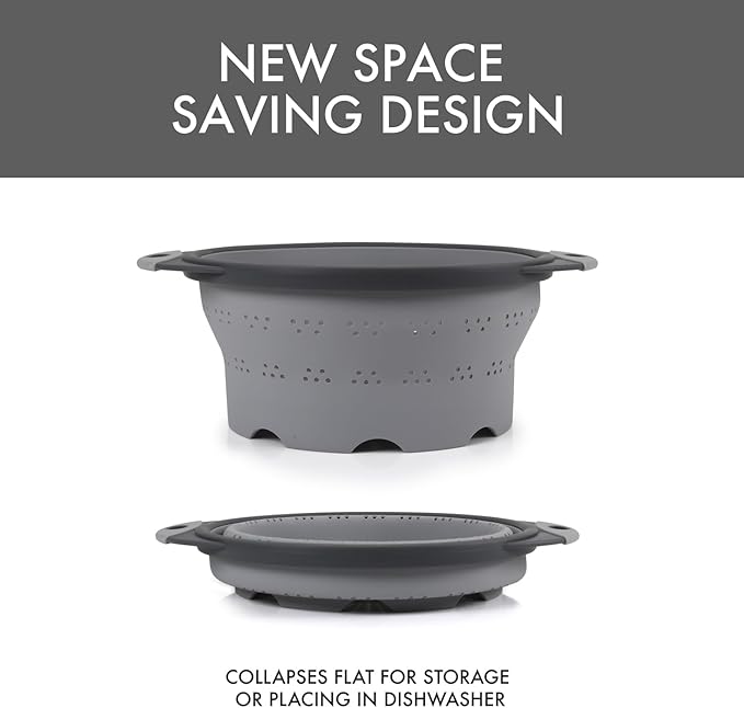 Dexas 10" Collapsible Silicone Colander in Cool Grey, Kitchen Strainer with Handles, 15.1 Cup Capacity | BPA-Free, Heat-Resistant, Space-Saving Kitchen Tool