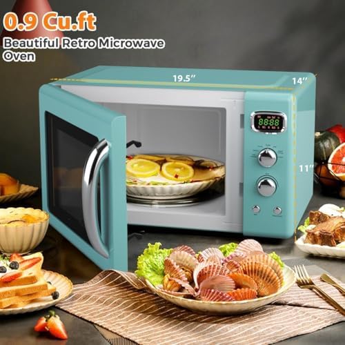 Retro Microwave Oven 0.9Cu.ft，900W Compact Countertop Microwave w/5 Micro Power & 8 Auto Cooking, Child Lock, Timer Setting & Glass Turntable, LED Display, Mint Green