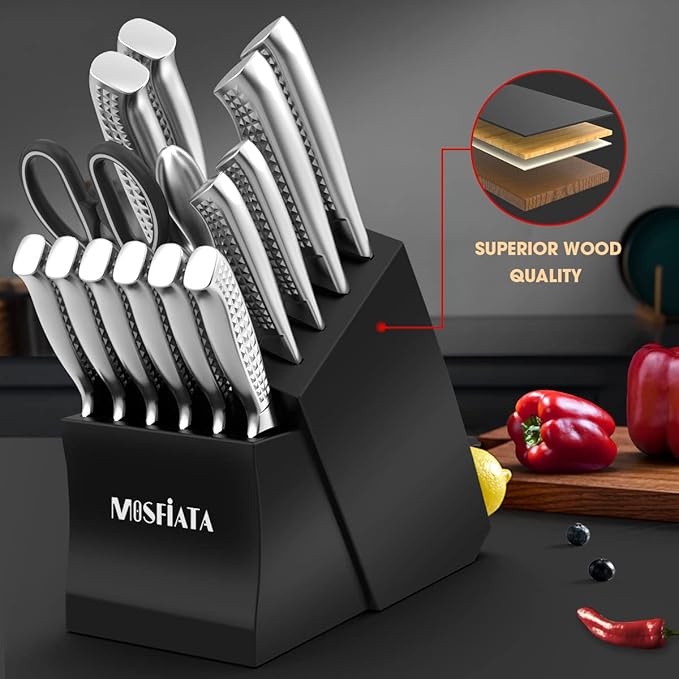 MOSFiATA Japanese Stainless Steel Knife Set, 17 Pcs with Block, Knife Sharpening Rod, Dishwasher Safe, Dad Birthday Gift