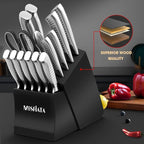 MOSFiATA Japanese Stainless Steel Knife Set, 17 Pcs with Block, Knife Sharpening Rod, Dishwasher Safe, Dad Birthday Gift