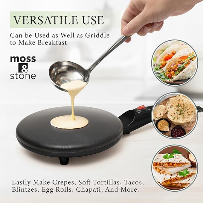 Moss & Stone Electric Crepe Maker – 8” Portable Crepe Pan Nonstick with Dipping Plate, Auto Shut-Off, On/Off Switch, Even Heating & One Automatic Temperature Control – Compact Crepe Maker