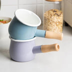 Enamel Milk Pot, Butter Warmer Non-stick Mini Saucepan, 4 Inch 17 Oz Small Cookware with Wooden Handle(Sky Blue)