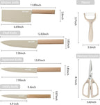 Knife Set, 7 Pieces Professional Kitchen Knife Set with Universal Knife Block, Super Sharp Knife Block Set with Ergonomic Handle Non-stick Stainless Steel Knife Block Set (Beige)