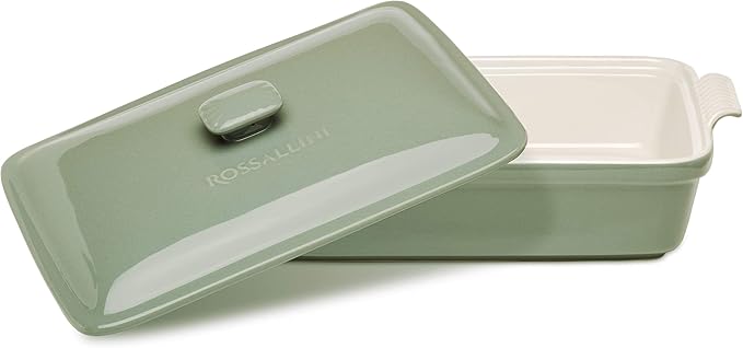 ROSSALLINI Stoneware Casserole Dish Bakeware Set with Lid, Covered Rectangular Dinnerware, Extra Large 4.23 Quart, 13 by 9 Inch, Verde Salvia [Sage Green]