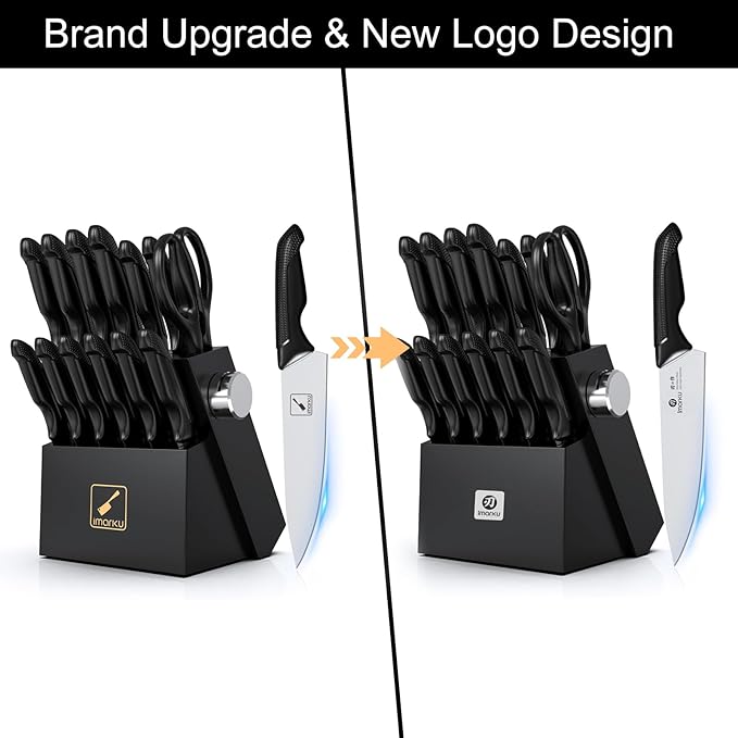 imarku Knife Set with Block, Sharp Knives Set with Built-in Sharpener, Stainless Steel Kitchen Knife Sets with Non-Slip Ergonomic Handle, Dishwasher Safe, 14 PCS Professional Knife Set for Gift, Black
