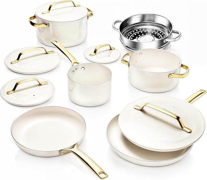 Gotham Steel Modern 11 Pc Ceramic Cookware Set, Elegantly Designed Pots and Pans Set Non Stick with Steamer, Induction Bottom, Premium Stay Cool Handles, Non Toxic PFOA Free, Oven & Dishwasher Safe