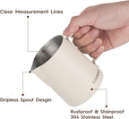 Milk Frothing Pitcher, 350ml/12oz Steaming Pitchers Stainless Steel Milk Coffee Cappuccino Latte Art Barista Steam Pitchers Milk Jug Cup with Decorating Art Pen, Matte White
