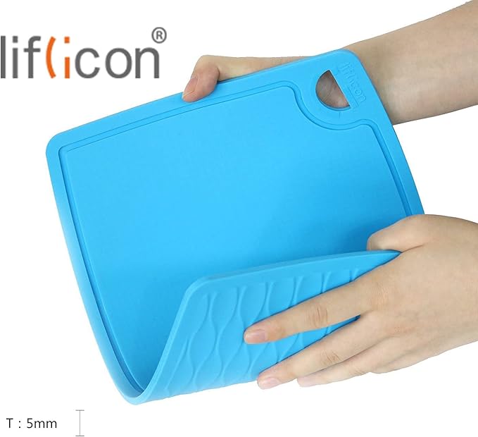 Liflicon Thick Cutting Boards for Kitchen Silicone Chopping Board Set of 2 Mid 12.6'' x 9.1”,Mini 9.1”x7.1” Non-slip Deep Drip Juice Groove Easy Grip Handle,Dishwasher Safe-Blue