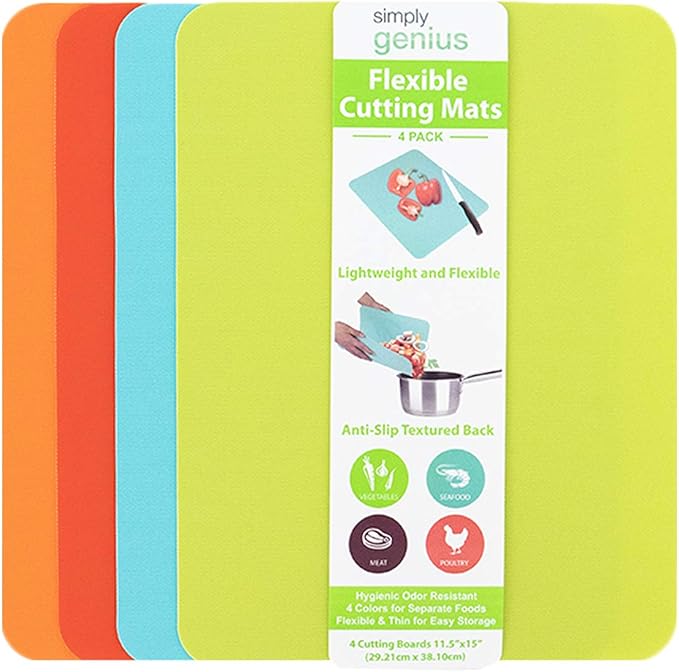 Simply Genius Flexible Cutting Board Set - Color-Coded Plastic Cutting Board Mats - Dishwasher-Safe Chopping Surfaces - Space-Saving Kitchen Mat Storage - 4-Pack Multicolor 11.5 x 15 in
