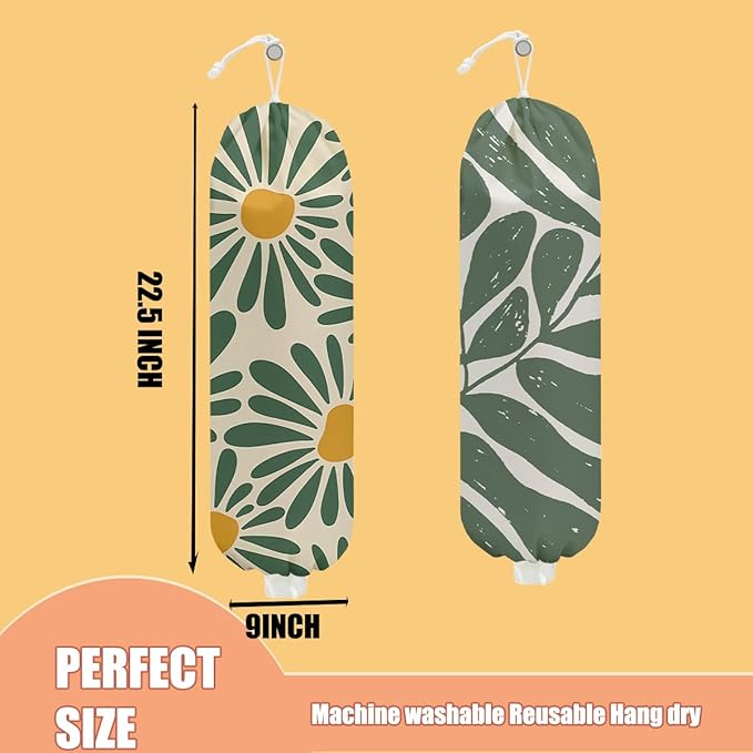 2 Pcs Botanical Plastic Bag Holder, Wall Mount Grocery Bag Holder for Plastic Storage bag, Washable Floral Grocery Bags Organizer Storage Dispenser, Pull Rope Free Adjustment, Flower Gifts for Women