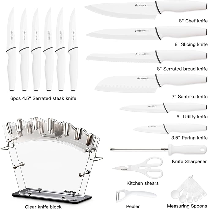 Astercook Knife Set with Block and Sharpener, 22 Piece Kitchen Knife Set Dishwasher Safe, Space-Saving Clear Knife Block with Knives for Everyday Home Cooking White