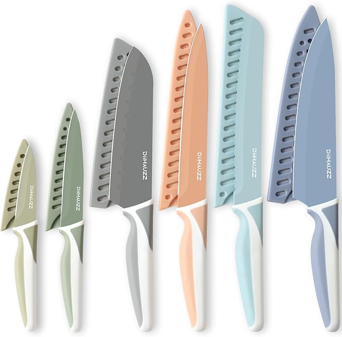 Knife Set, 12 Pieces Kitchen Knives Set with Healthy Non-Stick Coating, Dishwasher Safe Anti-Rust Stainless Steel Knives with 6 Blade Guards, Ergonomic Handles, Ideal Gift Set