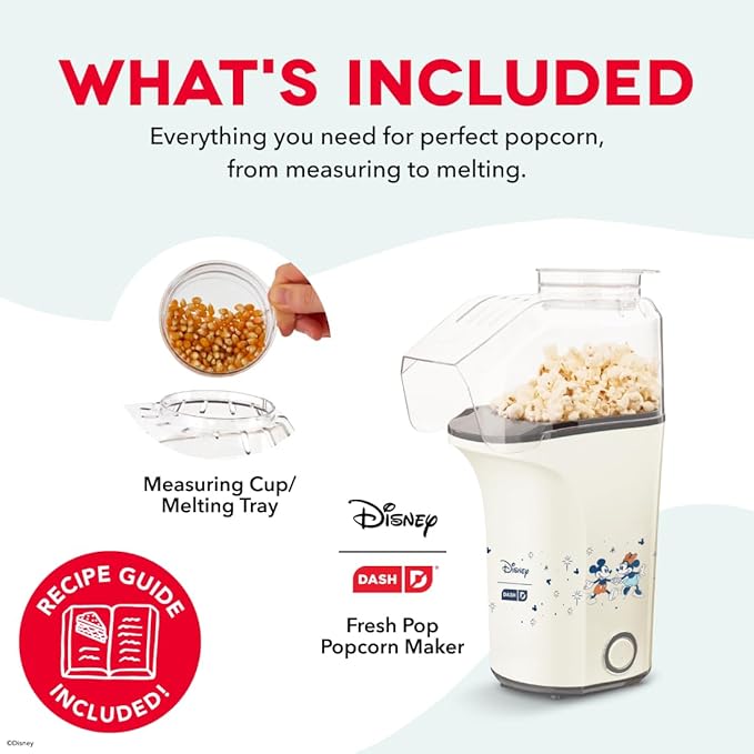Disney DASH Fresh Pop Popcorn Maker - Oil-Free, Air Popcorn Popper - With Measuring Cup & Recipe Guide - Perfect for Movie Nights - 16 Cups, Mickey & Minnie Design