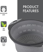Dexas 10" Collapsible Silicone Colander in Cool Grey, Kitchen Strainer with Handles, 15.1 Cup Capacity | BPA-Free, Heat-Resistant, Space-Saving Kitchen Tool