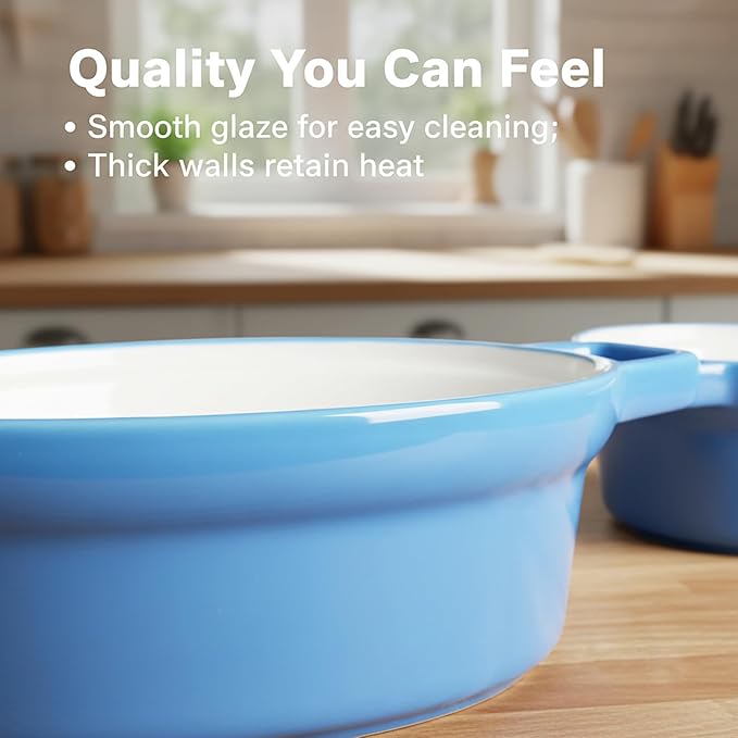 Soup Bowls With Handles 15 oz, French Onion Soup Bowl for Chili, Beef Stew, Cereal, 6" x 5" Oven Safe for Au Gratin, Ceramic Soup Crocks oven Safe, Microwave Dishwasher Safe - Set of 4, Blue
