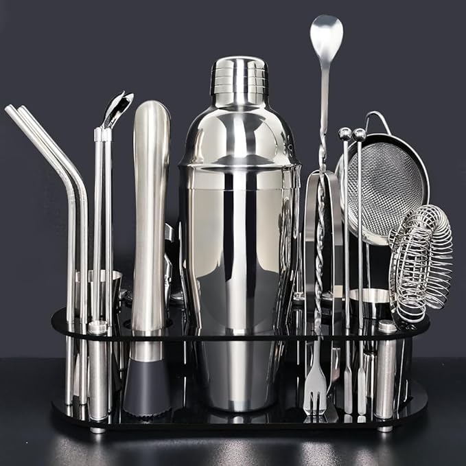 Cocktail Shaker Set, 24oz Cocktail Shaker 21-Piece Stainless Steel Bar Tools Bartending Kit with Black Acrylic Stand Cocktail Recipes Booklet for Drink Mixing, Home, Bar, Party (Stainless Steel)
