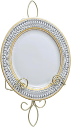 MyGift Wall Mounted Brass Tone Metal Wire Vertical Collectible Plate Holder, Decorative Vintage Scrollwork Hanging Rack Holds Single 9 to 13 Inch Plates