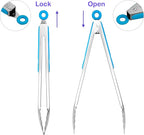 304 Stainless Steel Kitchen Cooking Tongs, 12" and 14" Set of 2 Sturdy Grilling Barbeque Brushed Locking Food Tongs with Ergonomic Grip, Blue