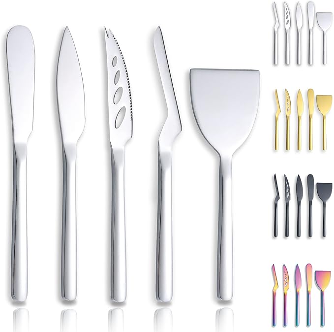 Berglander Cheese Knife Set of 5 for All Types of Cheese, Stainless Steel Cheese Cutter Slicer Ergonomic Design for Confortable Grip and Cut, Butter Spreader Knife