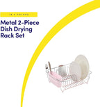 Dish Drying Rack & Cutlery Holder 2 Piece Set - Compact Sink-Fitting Dish Drainer with Rubberized Undercoating, Space-Saving Kitchen Organizer for Plates, Cups, Bowls & Utensils in Sink, Pale Pink