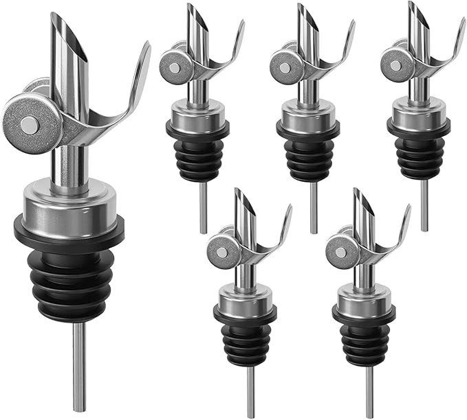 6 Pcs Auto Flip Liquor & Oil Pour Spout, 304 Stainless Steel Dispenser Spout for Olive Oil, Alcohol, Wine, Vinegar, Home & Bar Essential Tools, Silver