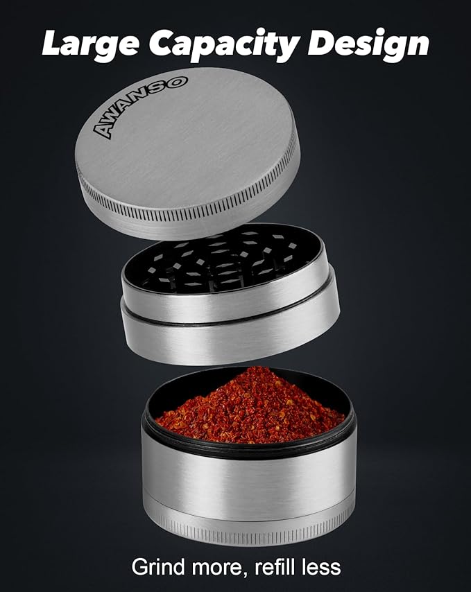 3" Grinder for Kitchen Spices, 3-Piece 4-Part Design, Screen-Free, Durable Zinc Alloy, Silver