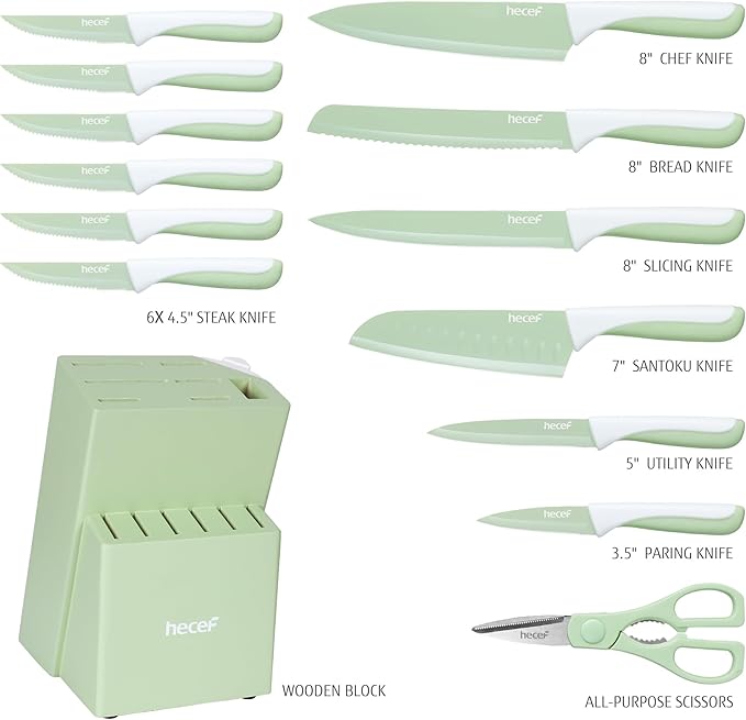 hecef 15 Pieces Kitchen Knife Set with Built-in Sharpening Wooden Block, Dishwasher Safe, High Carbon Stainless Steel Knife Block Set with Steak Knives, Kitchen Scissors, Green