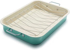 GreenLife 16.5” x 12” Healthy Ceramic Nonstick Roasting Pan with Stainless Steel Roaster Rack, PFAS-Free, PFOA-Free, Dishwasher Safe, Oven Safe, Easy Pouring Rims, Turquoise