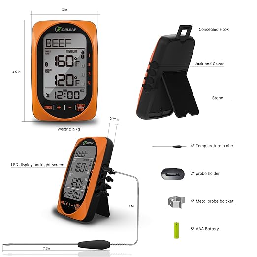 Bluetooth Meat Thermometer Smart Kitchen Thermometers with Timer Mode Temper Mode Digital Instant Read Food ThermometerA Grill Oven Thermometer with 4 Probes for Grill Candy Meat Oven Food Smoker